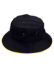 A black bucket hat featuring a contrasting yellow brim and eyelet details, with a logo on the side.