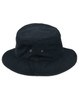 A black bucket hat with a contrasting white brim and metal eyelets for ventilation. It features a logo.