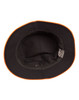 A black bucket hat with an orange contrast trim, featuring a branded tag inside.