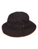 A black bucket hat with a contrast orange trim and eyelet vents. It features a logo on the side.