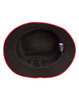 A black bucket hat with a red contrast trim, featuring an inner lining and a logo.