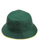 A green bucket hat with a contrast yellow trim and a logo on the side.
