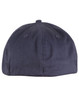 A navy cotton fitted cap featuring a rounded design and a logo on the side.