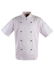 A short sleeve chef's jacket in white with black buttons and a logo on the chest.