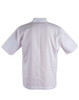 A short sleeve chef's jacket in white, featuring a simple design and a logo on the back.