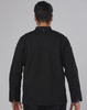 A black men's chef jacket with long sleeves and a collar, featuring a back vent and a logo.