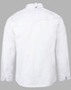 A white men's chef jacket featuring long sleeves and a back yoke design, with a logo on the sleeve.