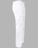 White men's functional chef pants with an elastic waistband and side pockets, featuring a logo.