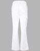 White ladies' chef pants with a flared bottom, featuring a back view and pockets. Includes a logo.