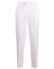 White men's cricket pants with an elastic waistband and a logo on the front.