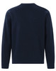 A navy blue crew neck fleece sweater with a plain back design and long sleeves. Features a logo on the front.