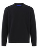 A black kids' crew neck fleecy sweater with long sleeves and a simple design. It features a logo on the label.