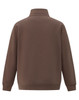A brown 1/2 zip collar fleecy sweat in a plain design, featuring a logo on the back.