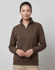 A brown 1/2 zip collar fleece jumper featuring a zip at the neckline and long sleeves. It has a logo on it.
