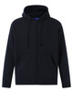 A navy full-zip fleecy hoodie with a hood and front pockets, featuring a logo.