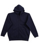A navy full-zip fleecy hoodie with a hood and front pockets, featuring a logo.