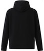 A black men's full-zip fleecy hoodie with a hood and ribbed cuffs, featuring a logo on the back.