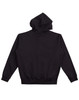 A black men's full-zip fleecy hoodie with a hood and ribbed cuffs, featuring a logo on the back.