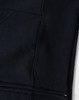 A black full-zip fleecy hoodie featuring a front pocket and a smooth texture. It has a logo on the fabric.