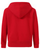 A red kid's full-zip fleecy hoodie with a hood, featuring long sleeves and a solid back design.