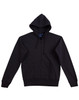 A black full-zip fleecy hoodie featuring a hood and front pockets, with a logo on the front.