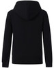 A black full-zip fleecy hoodie featuring a hood and ribbed cuffs. Includes a logo on the back.