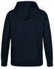 A navy blue men's fleecy hoodie featuring a full hood and long sleeves, with a logo on the back.
