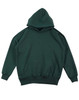 A green kids' fleece hoodie featuring a front pocket and a hood, with a logo on one side.