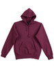A burgundy ladies' fleecy hoodie with a front pocket and a hood, featuring a logo.