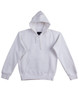A white ladies' fleece hoodie featuring a front pocket and a hood, with a branding logo.