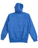 A blue ladies' fleecy hoodie featuring a kangaroo pocket and a hood, with a branding logo present.