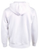 A white adult's close front fleece hoodie with a hood and long sleeves, featuring a simple design.