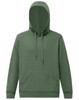 An olive green adult hoodie with a front pocket and a drawstring hood. It features branding on the garment.