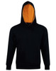 A black hoodie with a contrasting orange lining, featuring a front pocket and a hood. It has a logo.