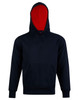 A navy blue hoodie with a red contrast lining and a front pocket, featuring a logo.