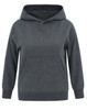 A grey kids' hoodie with a front pocket and hood, featuring a logo. Suitable for casual wear.