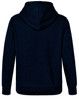 A dark navy hoodie with a front pocket and a contrasting hood. Includes a logo on the garment.