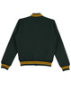 A dark green varsity jacket with yellow and white striped cuffs and collar, featuring a logo.