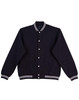 A black fleece varsity jacket with white stripe detailing and a branded logo on the chest.