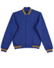 A blue fleece varsity jacket with yellow-striped cuffs and collar, featuring side pockets and a logo.