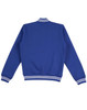 A blue kid's fleece varsity jacket with white striped cuffs and collar, featuring a logo.