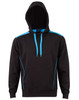 A black hoodie with contrast blue detailing, featuring a kangaroo pocket and a hood. It has a logo on the front.