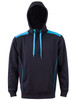 A navy hoodie with teal contrast accents and a kangaroo pocket, featuring a hood and a branding logo.