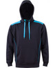 A navy hoodie with teal contrast accents and a kangaroo pocket, featuring a hood and a branding logo.