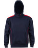 A navy hoodie with a red contrast design and a kangaroo pocket. It features a hood and has a branded logo.