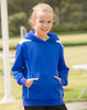 A girl wearing a blue hoodie with white contrast features a kangaroo pocket and drawstrings.