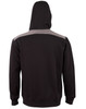 A black hoodie featuring a contrasting grey upper section and a hood, with a logo on the back.