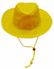A yellow slouch hat with a wide brim and a break-away clip for secure fastening. It features a logo on the side.