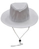 A white bucket hat with a wide brim and a break-away clip attachment on the chin strap. It features a logo.