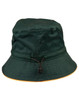 A green bucket hat with an adjustable toggle and an orange rim. It features a logo on the front.